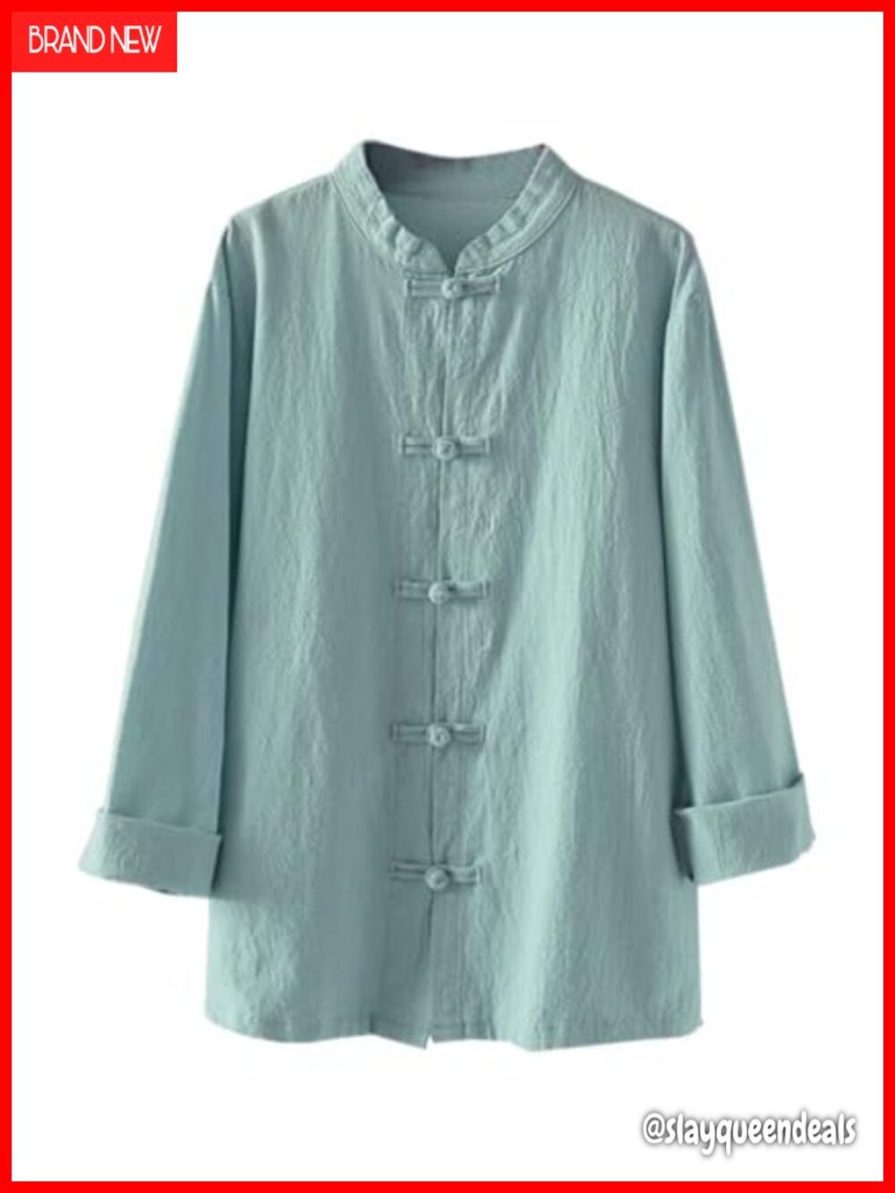 Linen Cotton Mandarin Collar Frog Button 3/4 Sleeve Womens Blouse Top
